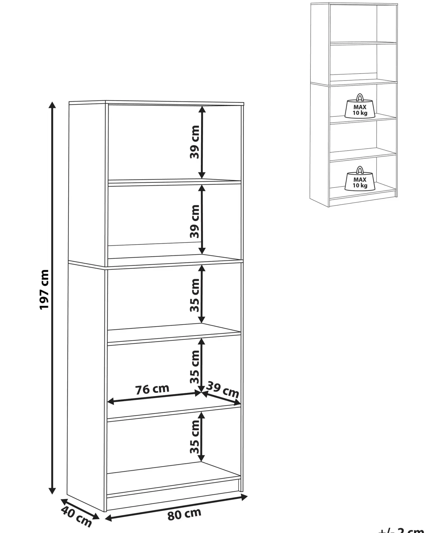 Bogreol med 5 hylder ZEHNA 197 cm Hvid