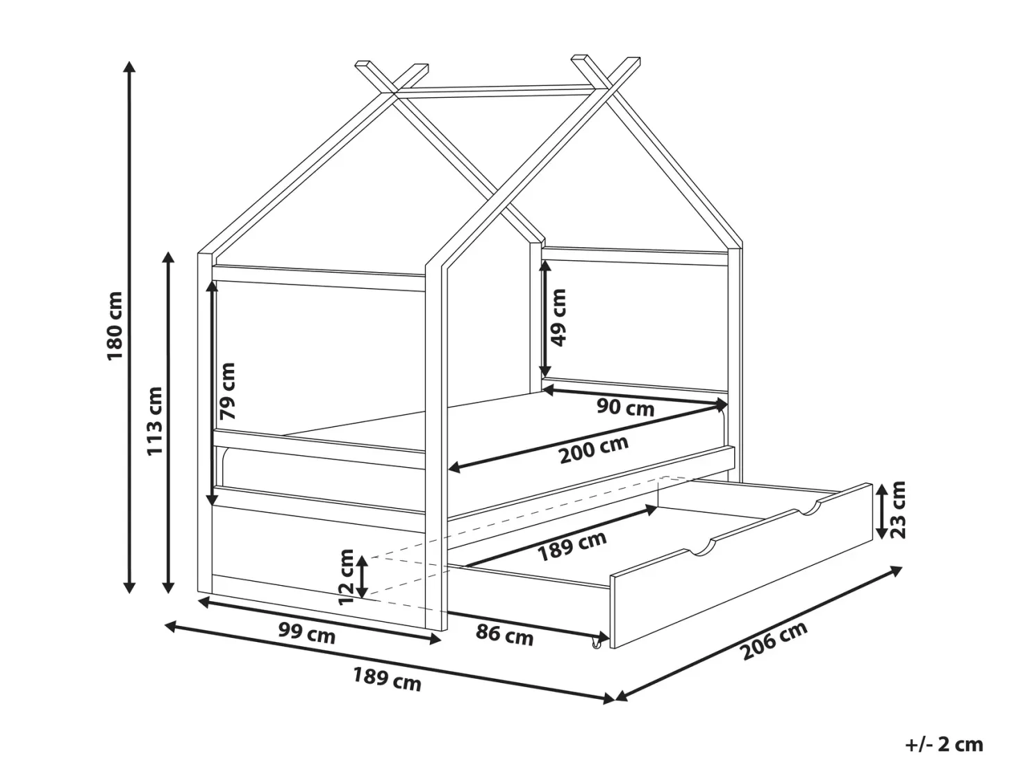 Børneseng Hus Fyretræ ORGEVAL 90 x 200 cm med opbevaring Grå