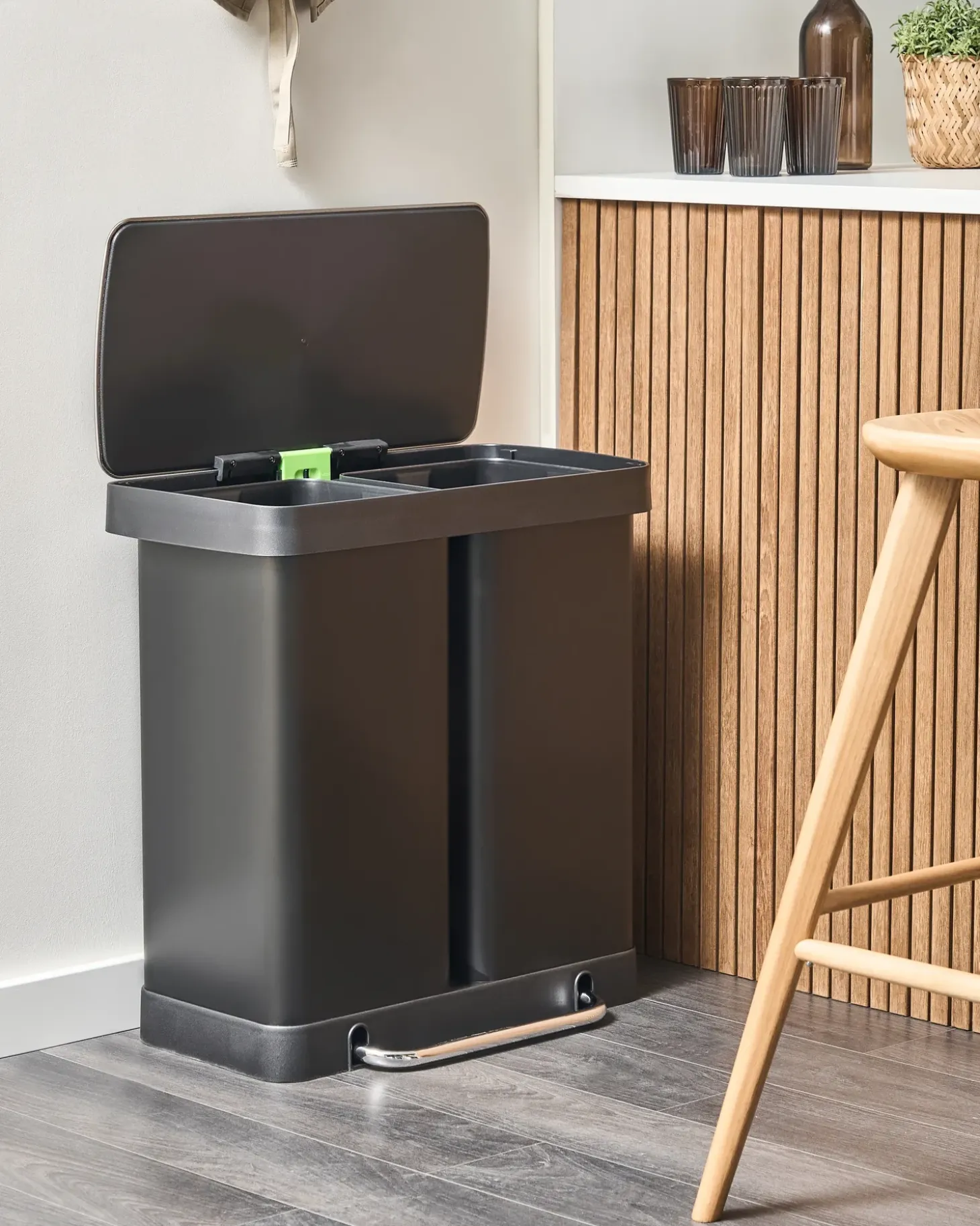 Dobbelt affaldsbeholder med pedal 60 L ECOSORT Metal Sort