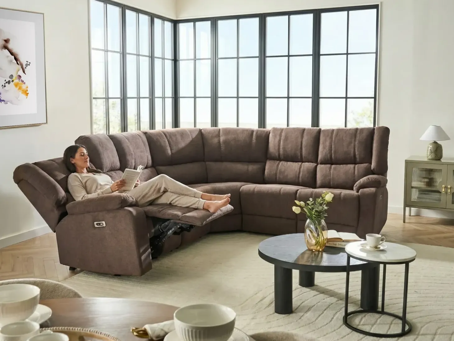 Elektrisk recliner hjørnesofa 5 personers ROKKE Brun med USB-port Venstrevendt