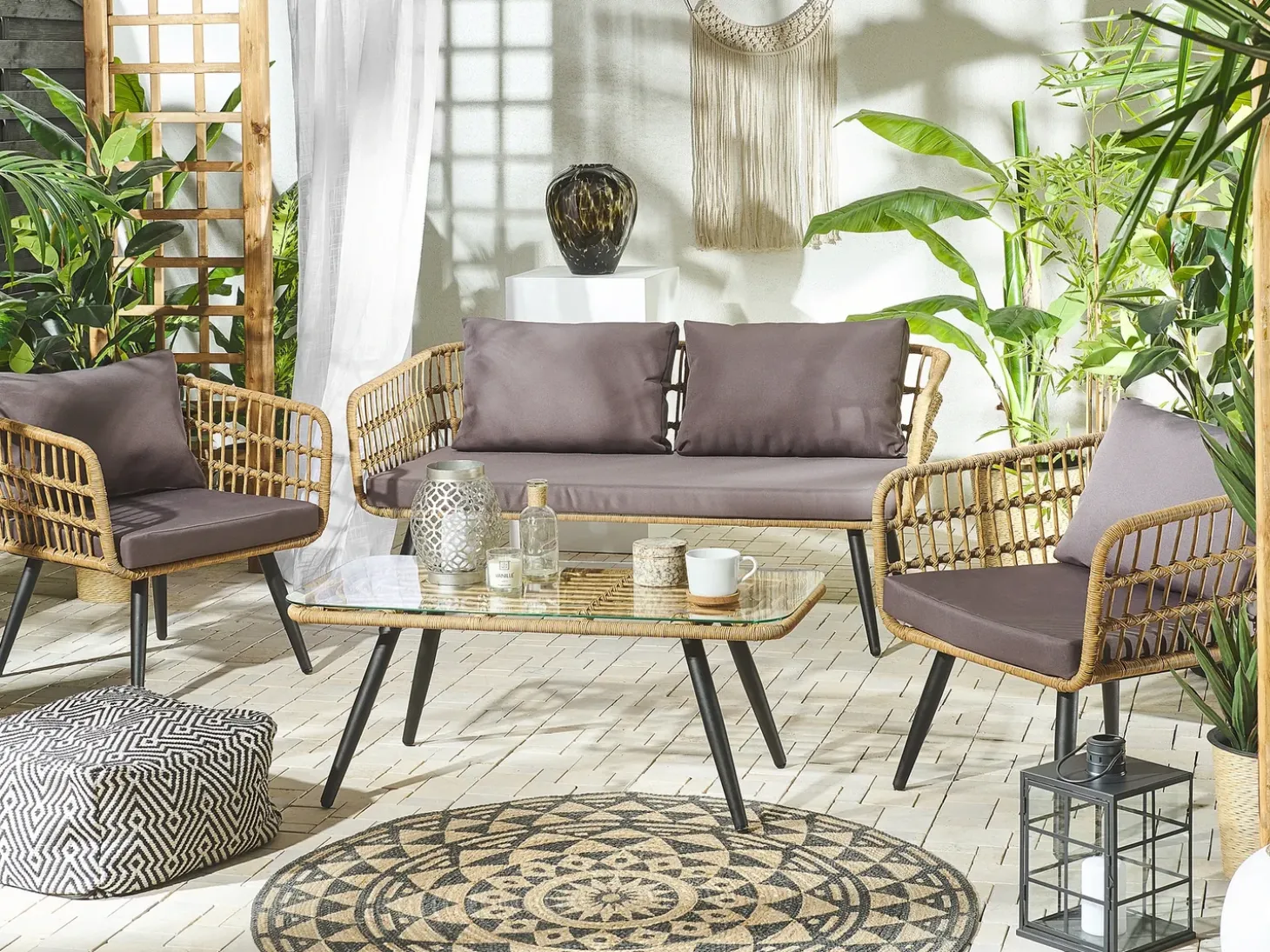FOBELLO 4 personers Loungesæt med bord Beige PE-rattan