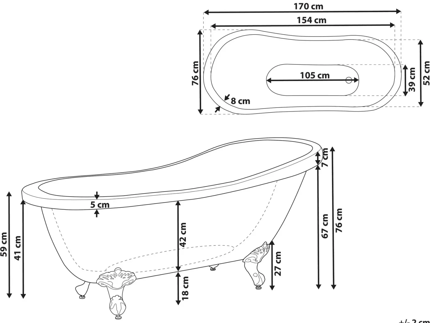 Fritstående badekar CAYMAN 170 x 76 cm Sort/hvid