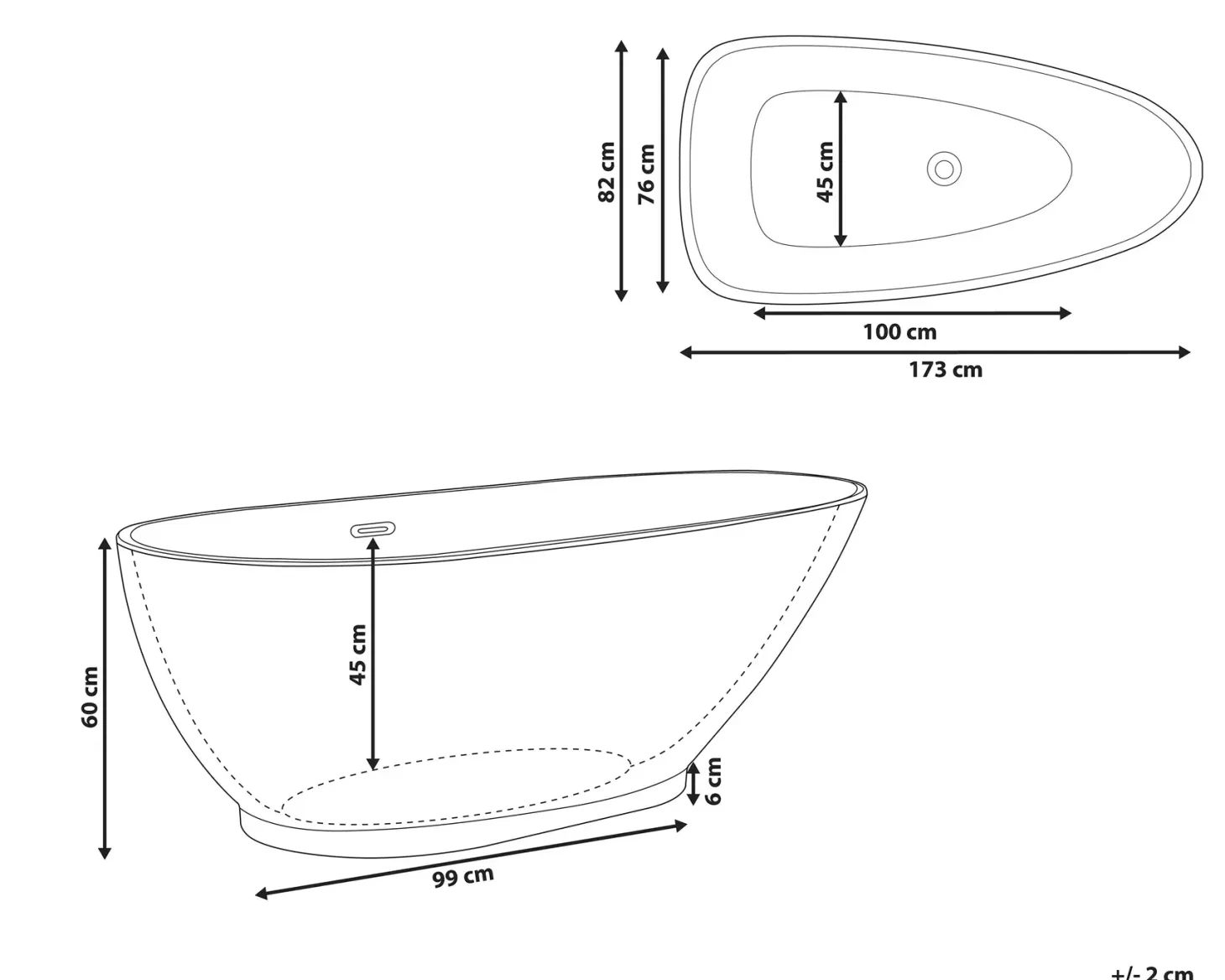 Fritstående badekar GUIANA 173 x 82 cm Sort/hvid