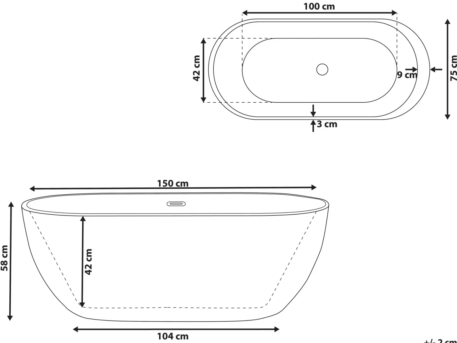 Fritstående badekar NEVIS 150 x 75 cm Sort