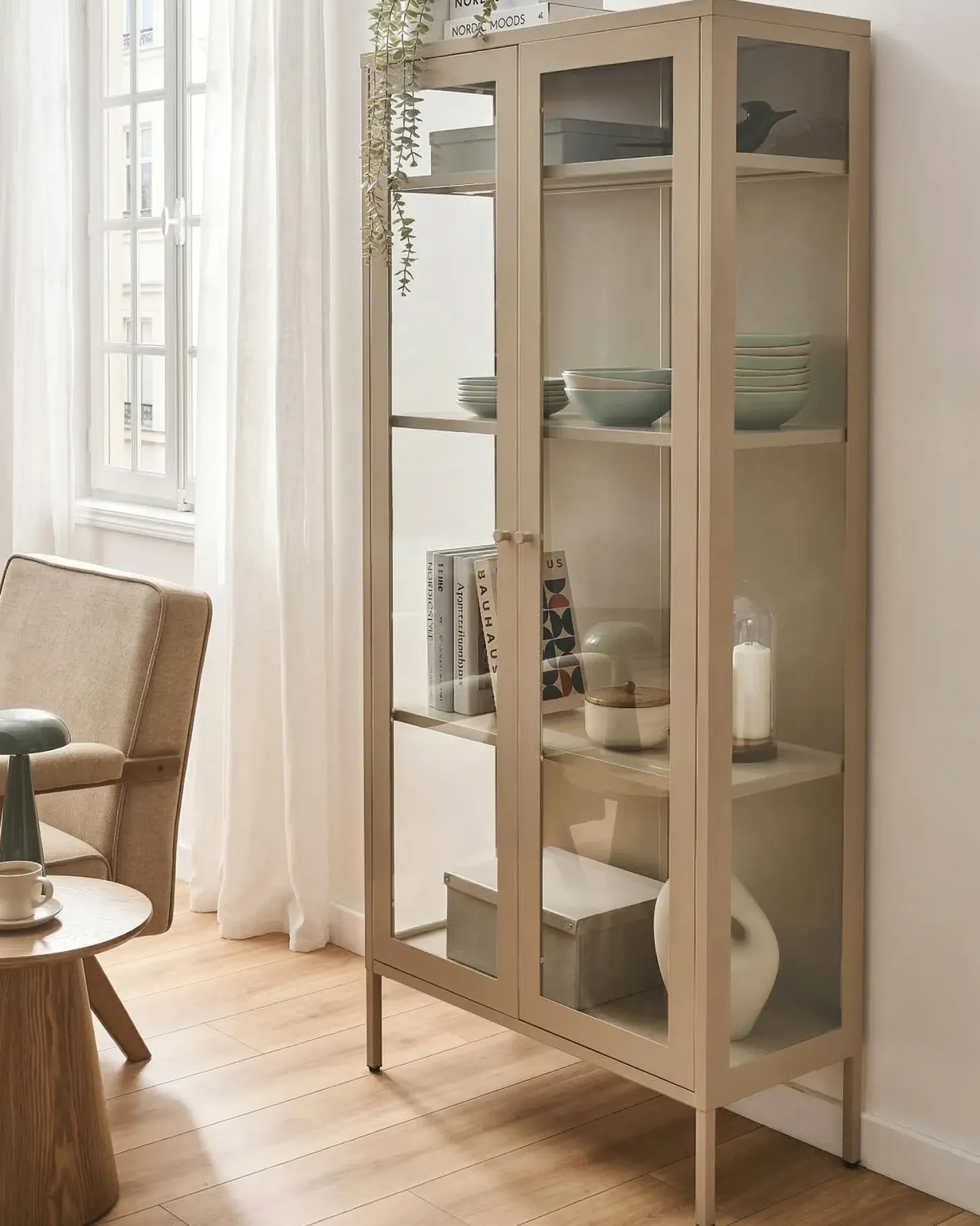Glas vitrineskab HARTY Metal 80 cm Beige