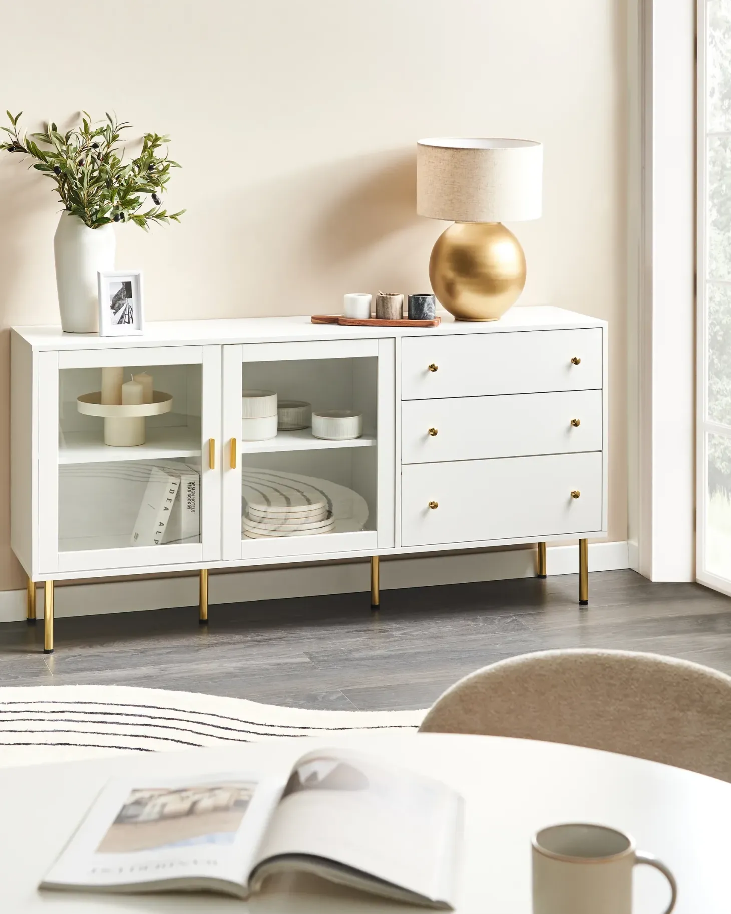 Glas vitrine skænk MILORA 160 cm Hvid