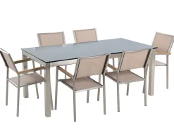 GROSSETO 6 personers Havemøbelsæt Sort/beige Hærdet glas