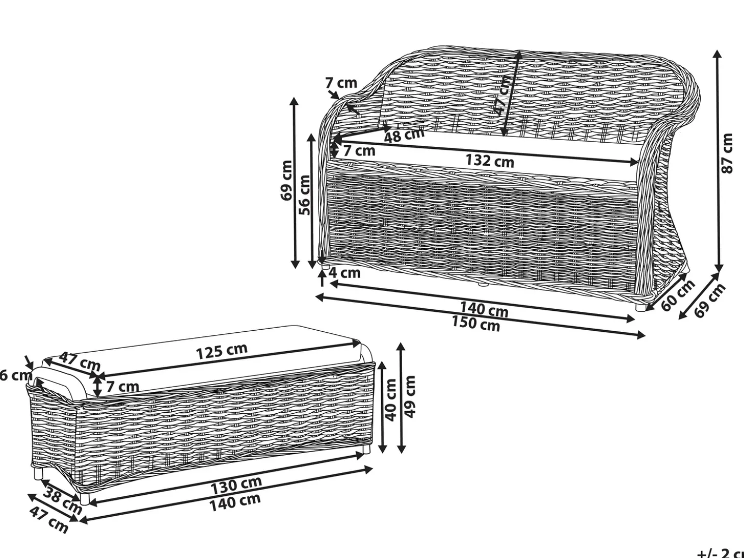 Havebænk med hynde SUSUA 150 cm med fodskammel Rattan Naturlig