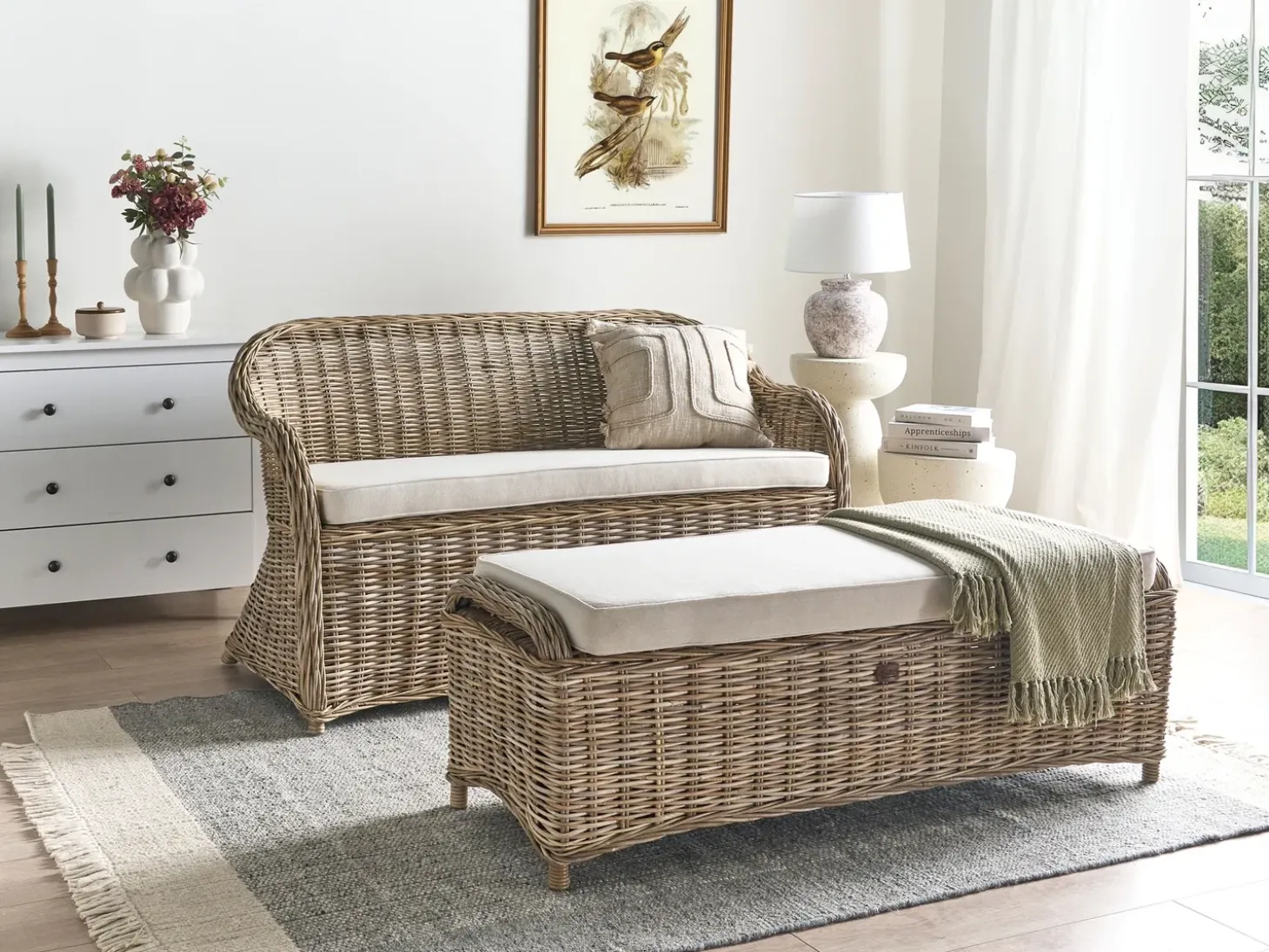 Havebænk med hynde SUSUA 150 cm med fodskammel Rattan Naturlig
