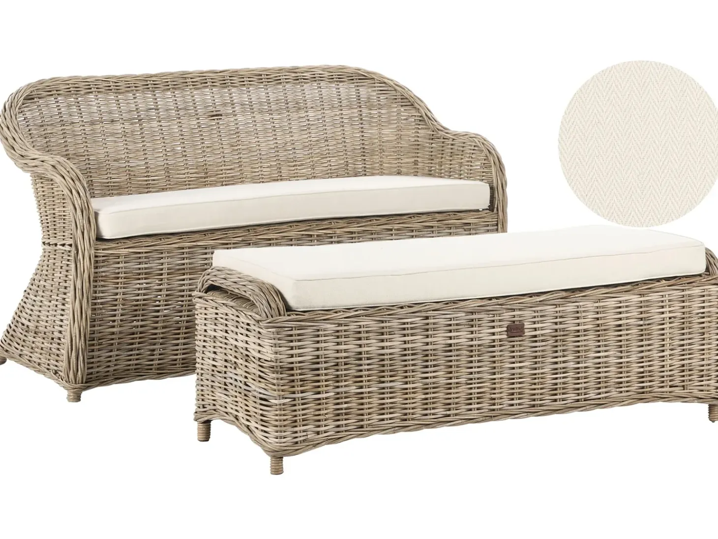 Havebænk med hynde SUSUA 141 cm med fodskammel Rattan Naturlig