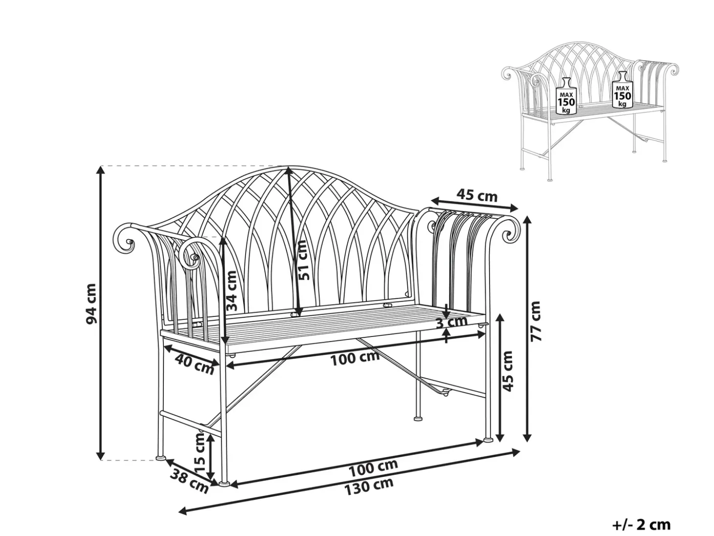 Havebænk MILAZZO 130 cm Metal Sort