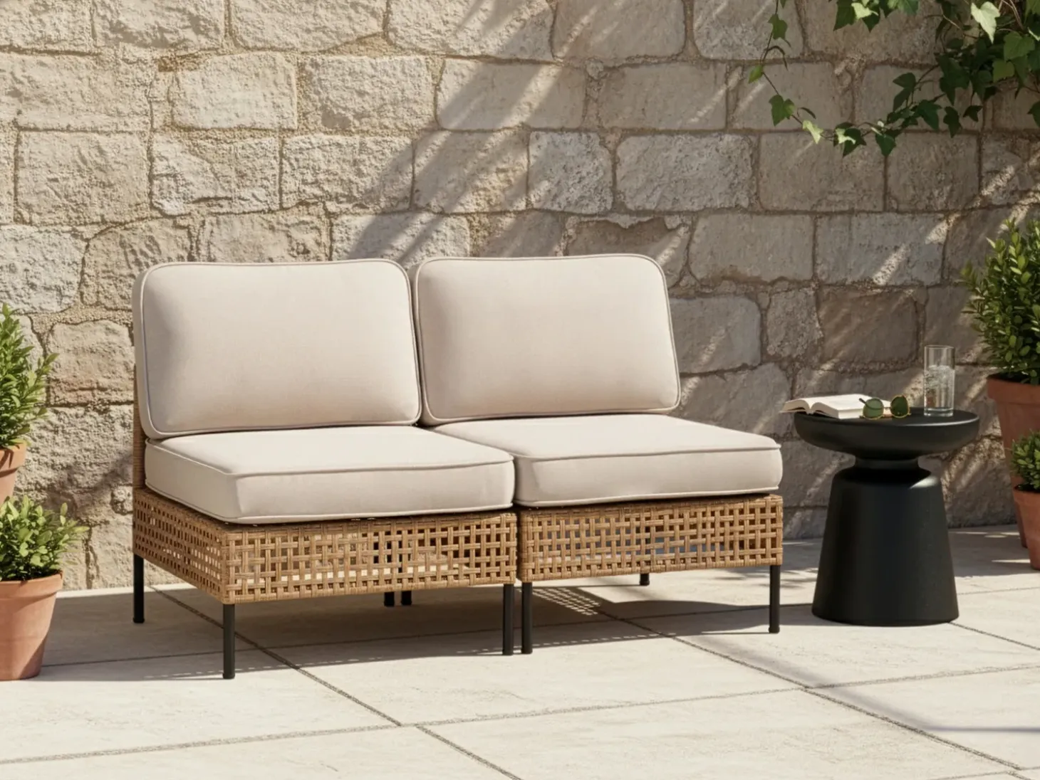 Havesofa 2 personers OMEGANA Uden armlæn PE-rattan Lys Beige