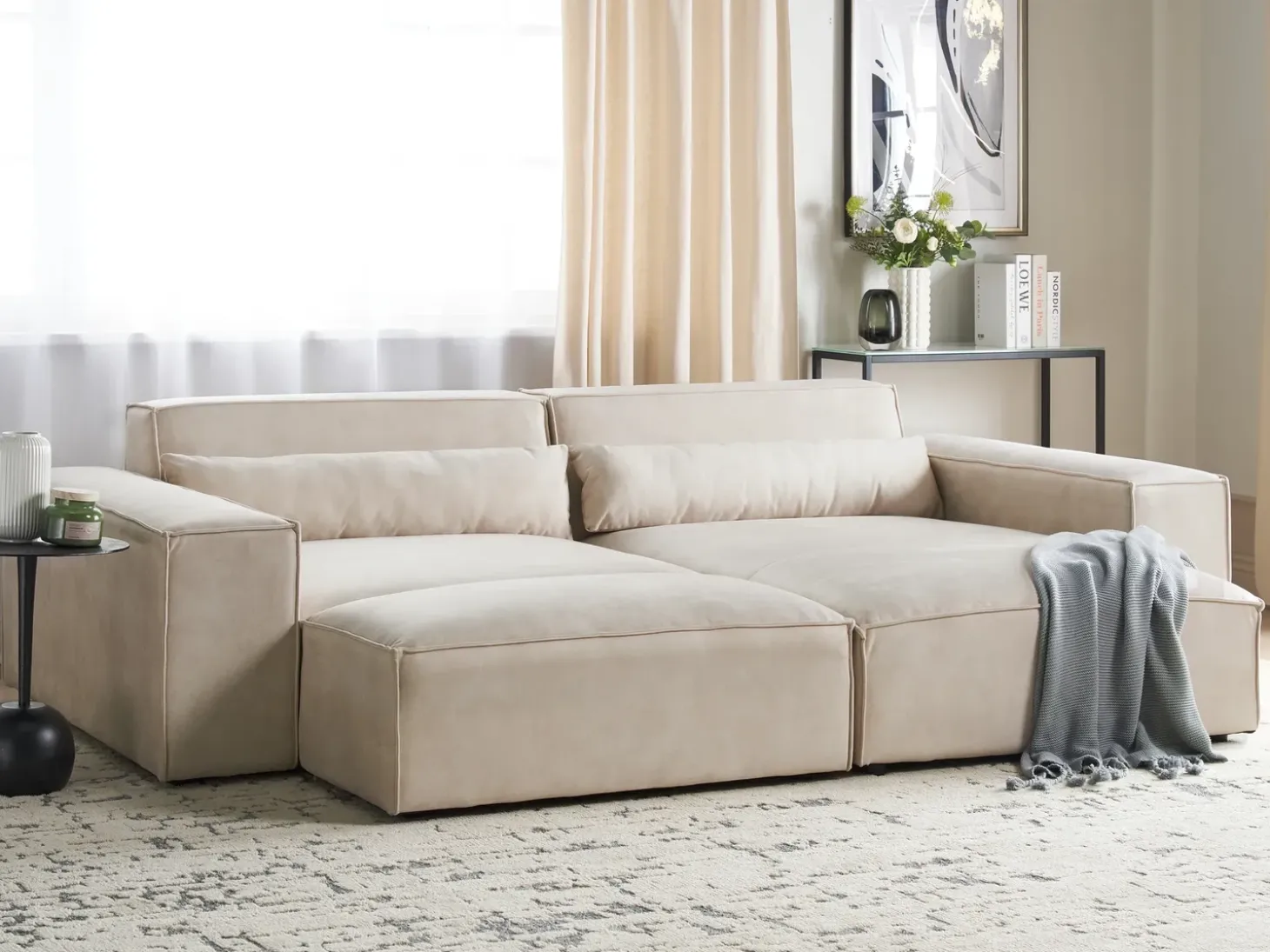 HELLNAR 3 personers Hjørnesofa modul Venstrevendt Lys Beige Velour med fodskammel
