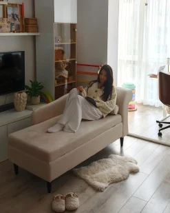 Højrevendt chaiselong LUIRO Velour Beige med opbevaring