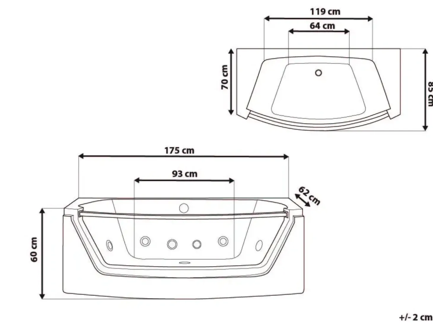 Hjørne-boblebad med LED FUERTE 175 x 85 cm Hvid