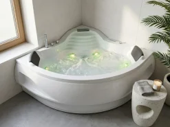 Hjørne-boblebad med LED MONACO Med indbygget Bluetooth-højttaler 210 x 145 cm Hvid