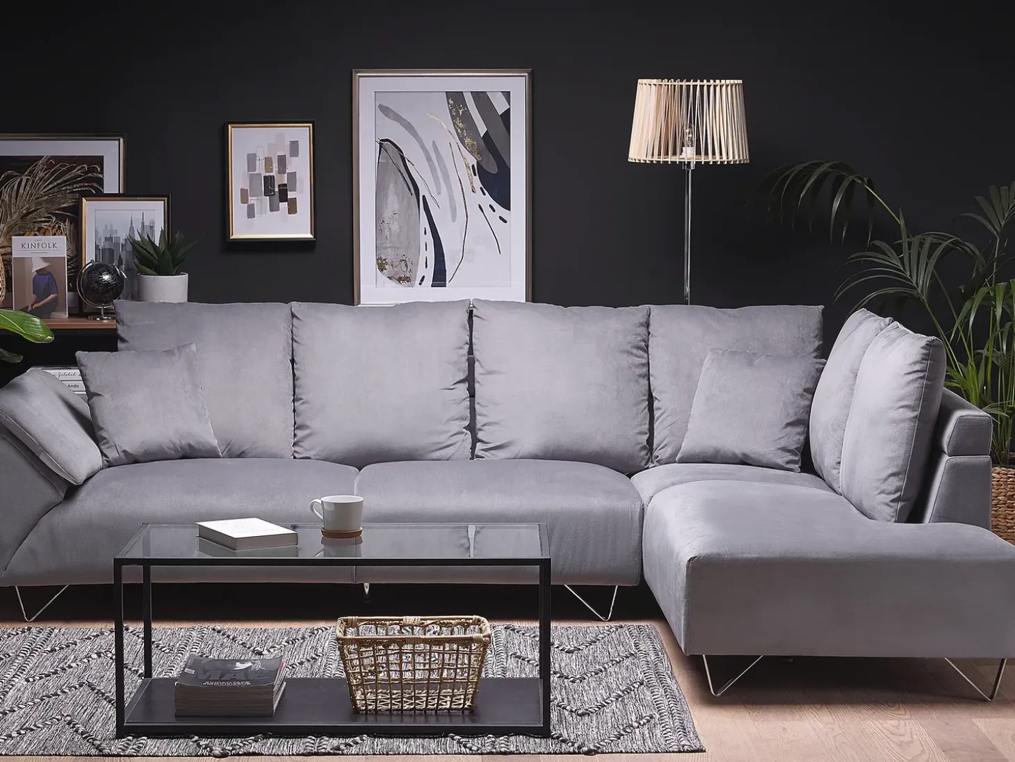Hjørnesofa 4 personers LUNNER Fløjl Grå Venstrevendt