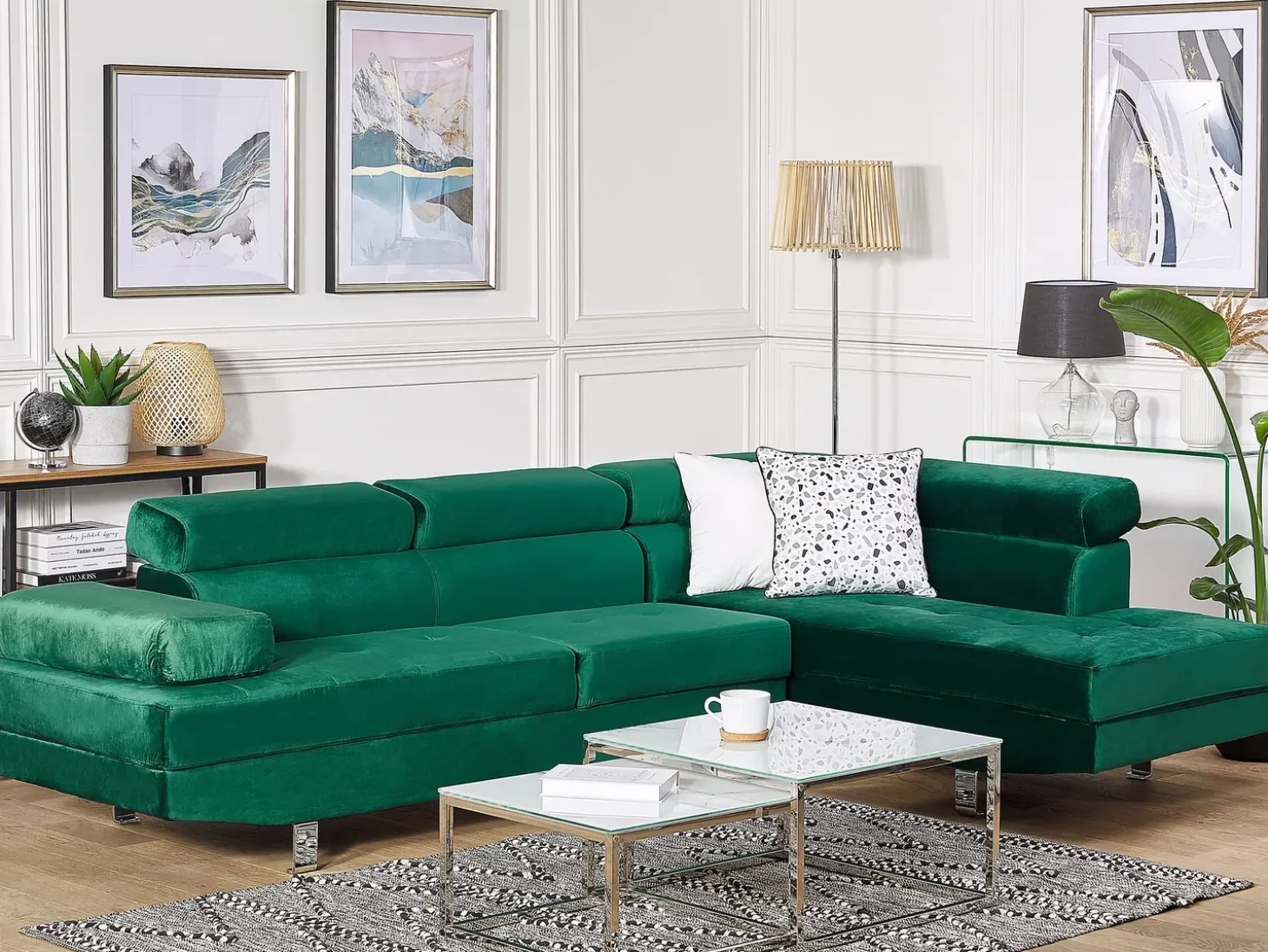Hjørnesofa 5 personers NORREA Velour Smaragdgrøn Venstrevendt