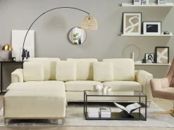Hjørnesofa 5 personers OSLO Ægte læder Lys Beige med fodskammel Højrevendt