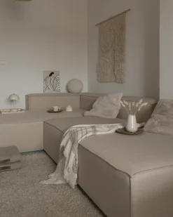 Hjørnesofa modul 3 personers APRICA Kunstlinned Beige med fodskammel Højrevendt