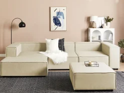 Hjørnesofa modul 3 personers APRICA Kunstlinned Beige med fodskammel Højrevendt