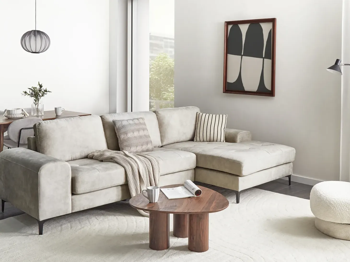 Hjørnesofa 4 personers KIRUNA Velour Lys Beige Venstrevendt