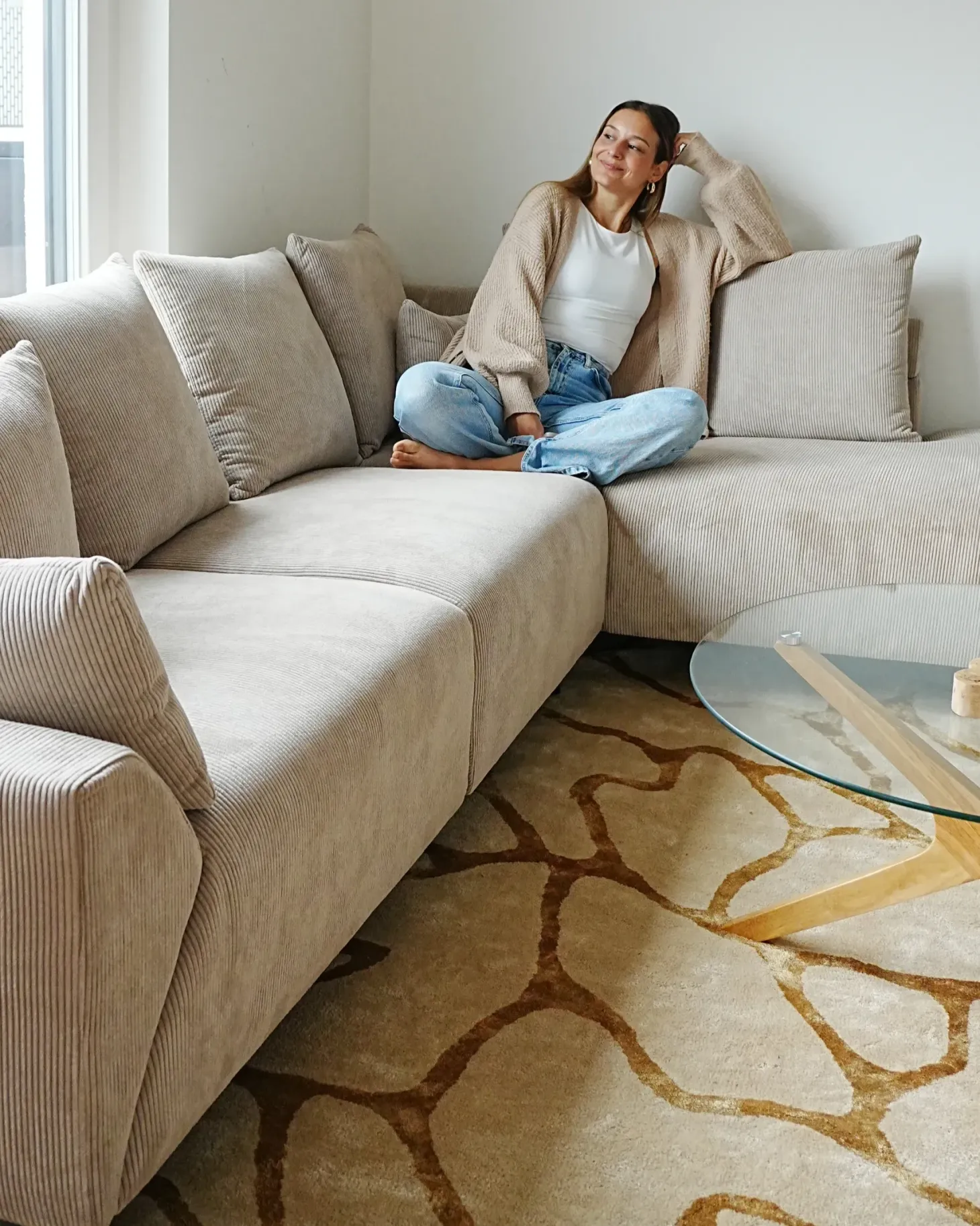Hjørnesofa 4 personers LUNNER Fløjl Beige Venstrevendt