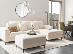 Hjørnesofa 5 personers OSLO Boucle Hvid med fodskammel Venstrevendt