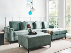 Hjørnesofa 5 personers OSLO Velour Blågrøn med fodskammel Venstrevendt
