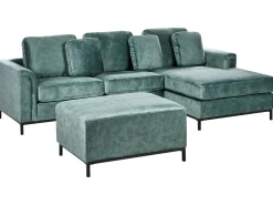 Hjørnesofa 5 personers OSLO Velour Blågrøn med fodskammel Venstrevendt