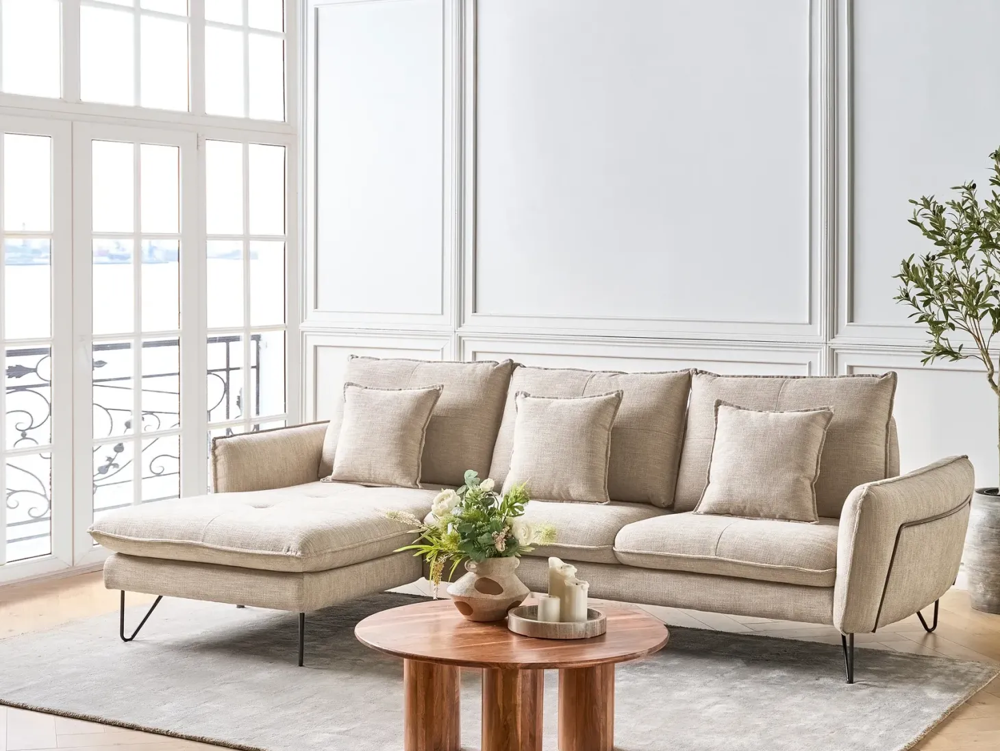 Hjørnesofa 3 personers SERSAN Chenille Beige Højrevendt