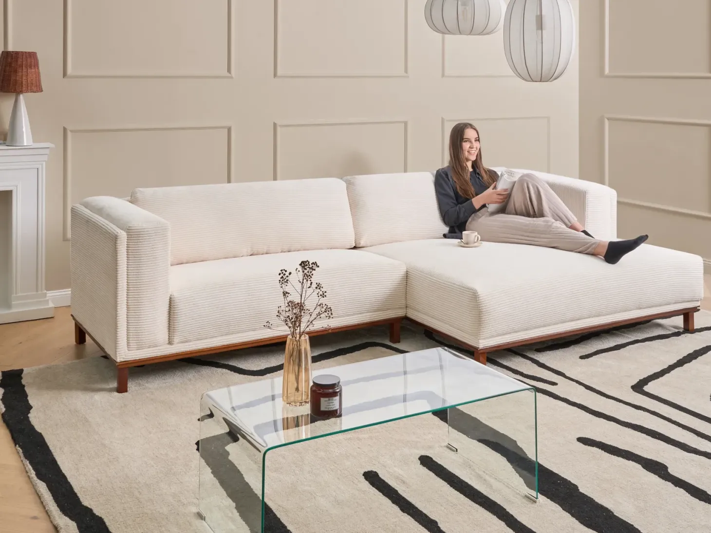 Hjørnesofa 4 personers VENG Fløjl Lys Beige Venstrevendt