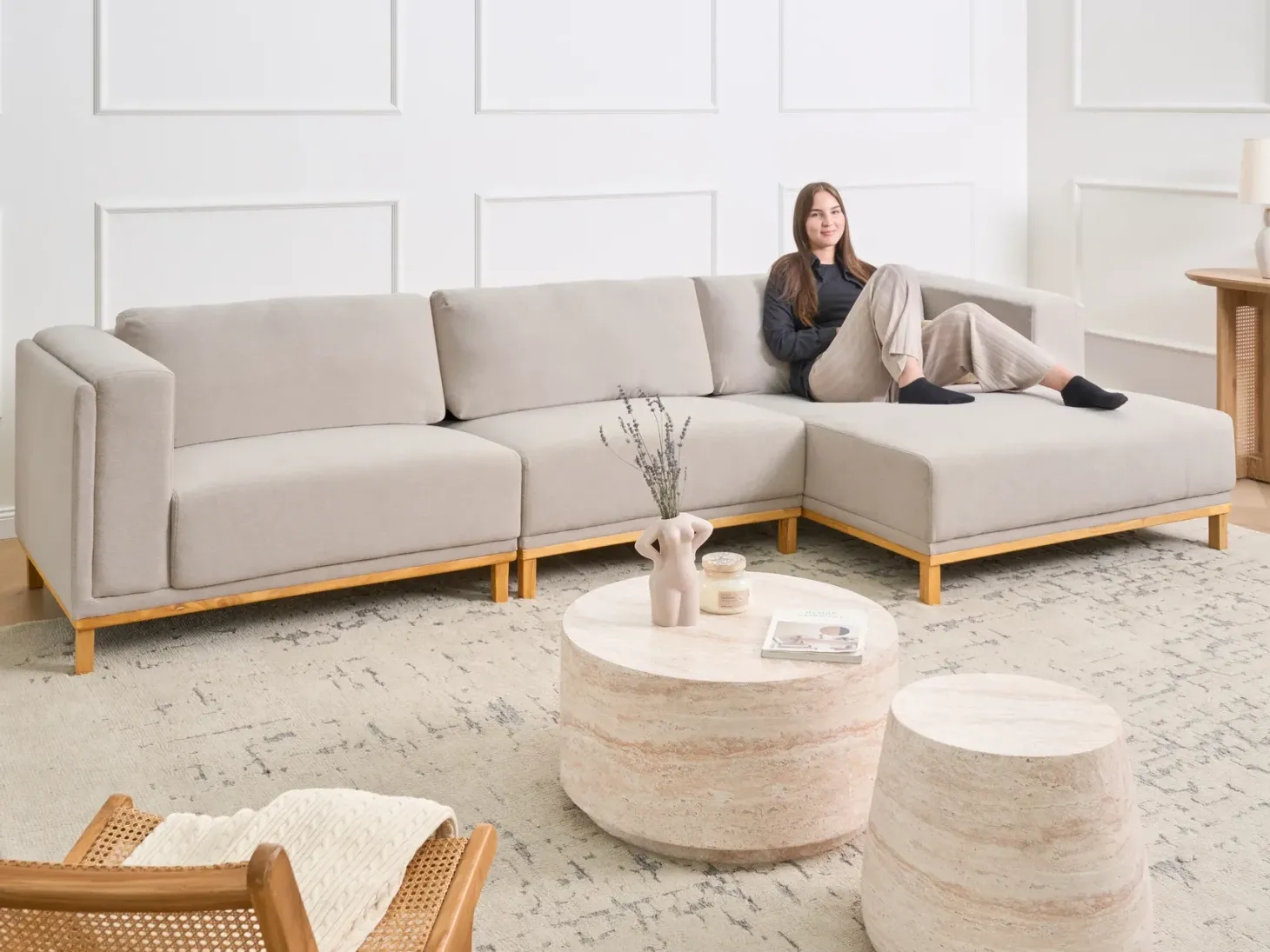 Hjørnesofa 5 personers VENG Lys Beige Venstrevendt