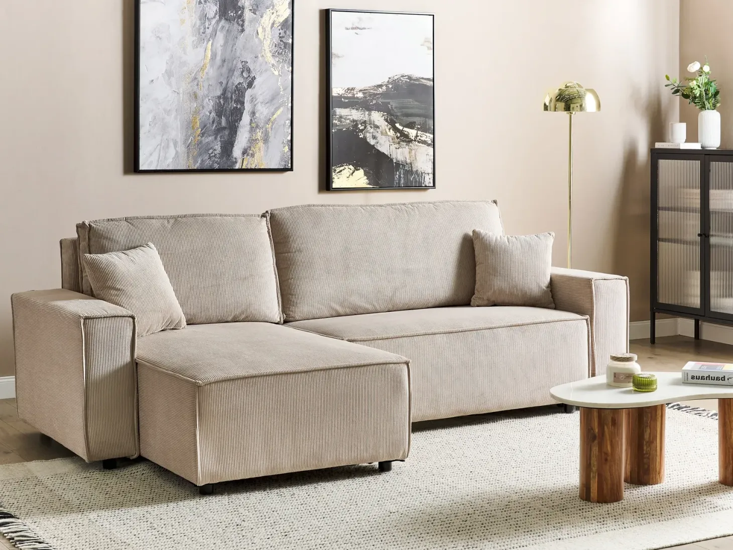 Hjørnesovesofa 3 personers ABACKA Fløjl Beige Højrevendt