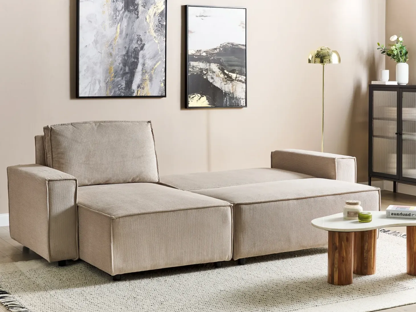 Hjørnesovesofa 3 personers ABACKA Fløjl Beige Højrevendt