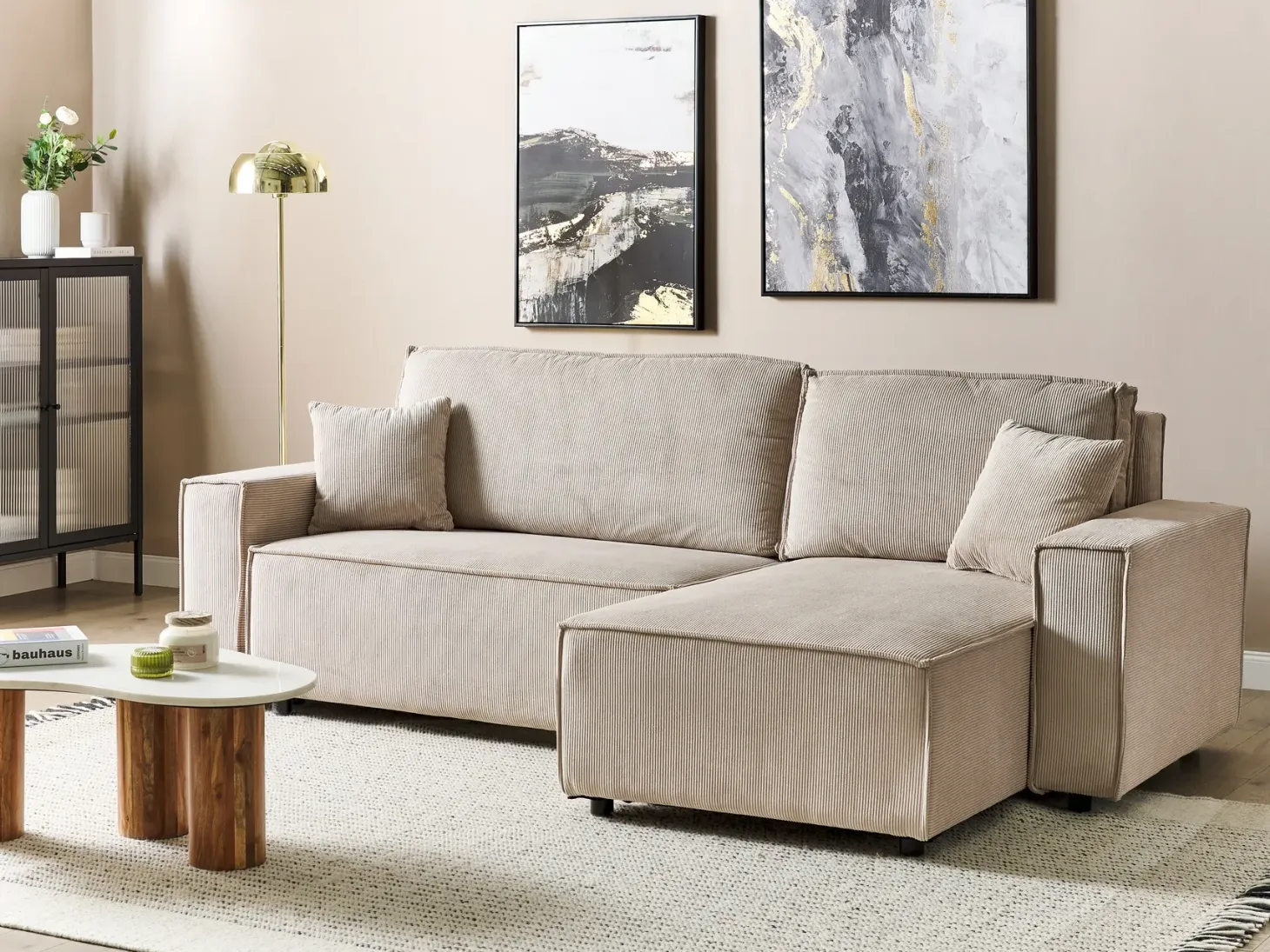 Hjørnesovesofa 3 personers ABACKA Fløjl Beige Venstrevendt