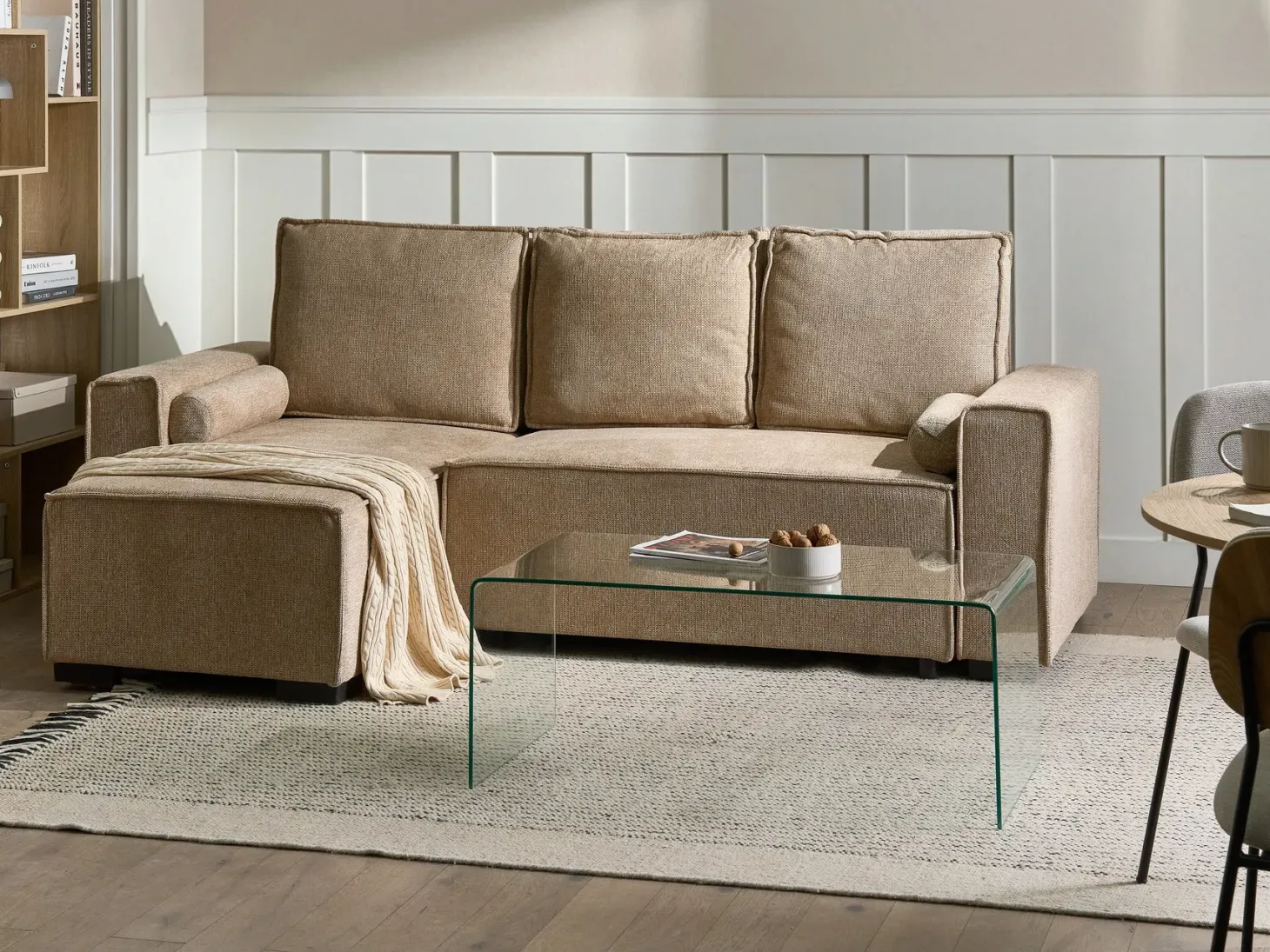 Hjørnesovesofa 3 personers EDANE Beige med opbevaring Højrevendt