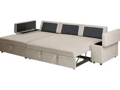 Hjørnesovesofa 3 personers HRISEY Kunstlinned Beige med opbevaring Højrevendt