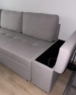 Hjørnesovesofa 3 personers HRISEY Kunstlinned Lysegrå med opbevaring Højrevendt