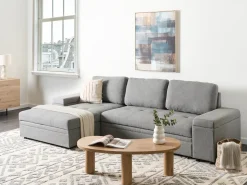 Hjørnesovesofa 3 personers HRISEY Kunstlinned Grå med opbevaring Højrevendt