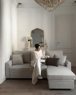 Hjørnesovesofa 3 personers NASSJO Kunstlinned Lys Beige Venstrevendt