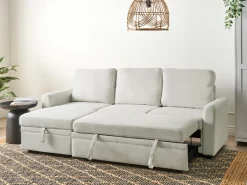 Hjørnesovesofa 3 personers NASSJO Kunstlinned Lys Beige Højrevendt