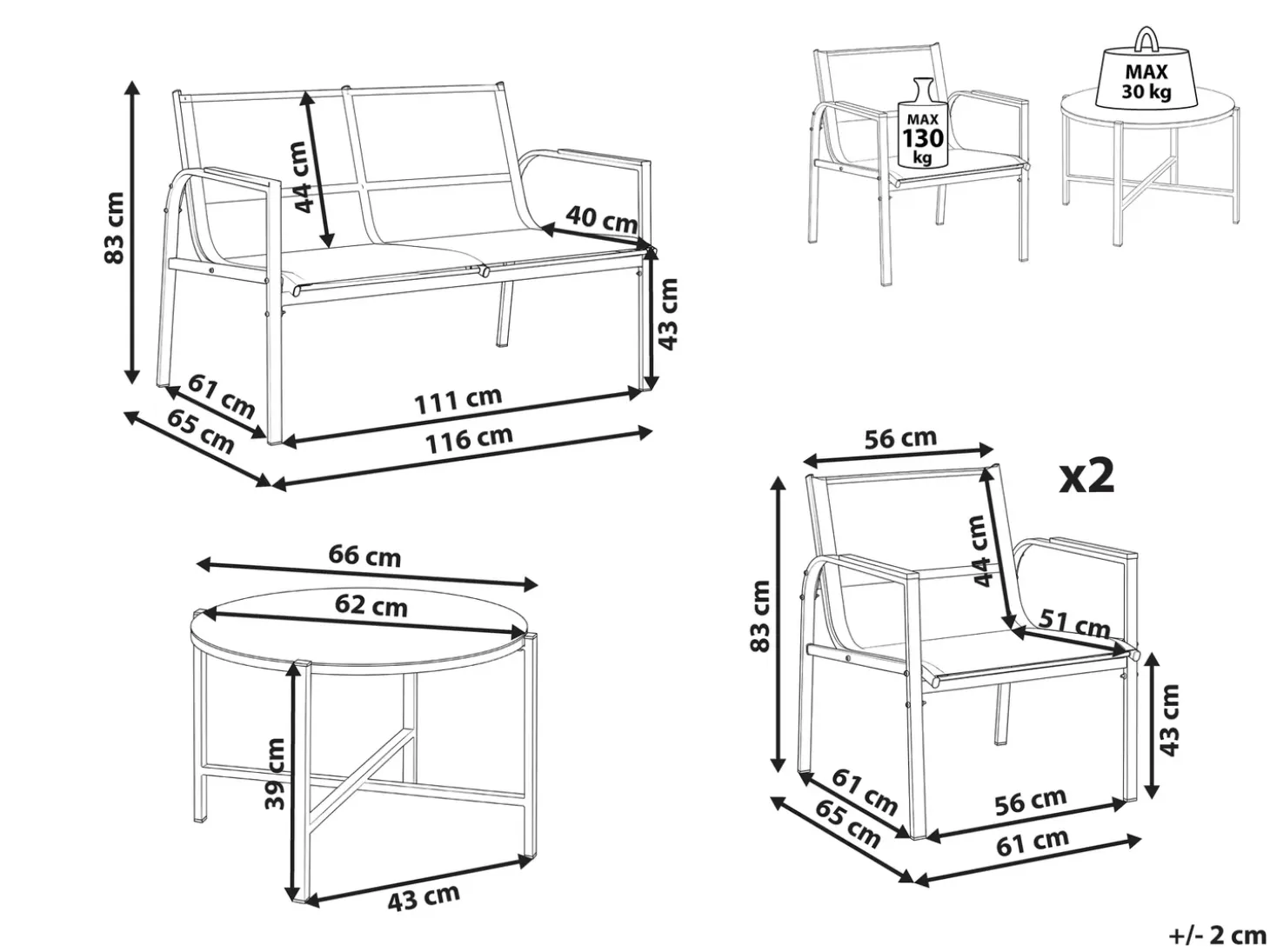 LEDRO 4 personers Loungesæt med bord Beige Metal