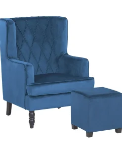Lænestol SANDSET med fodskammel Velour Mørkeblå