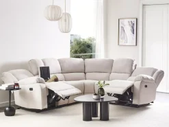 Manuel recliner hjørnesofa 5 personers ROKKE Lys Beige med USB-port Venstrevendt