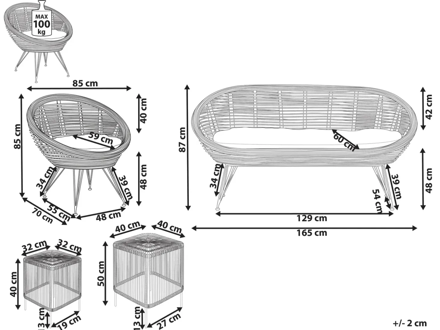 MARATEA/CESENATICO 3 personers Loungesæt med bord Naturlig Rattan