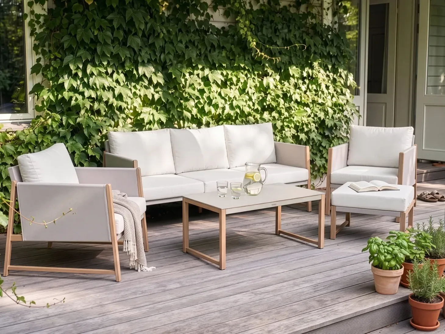 NOLA 5 personers Loungesæt med bord og fodskammel Lys Beige Metal