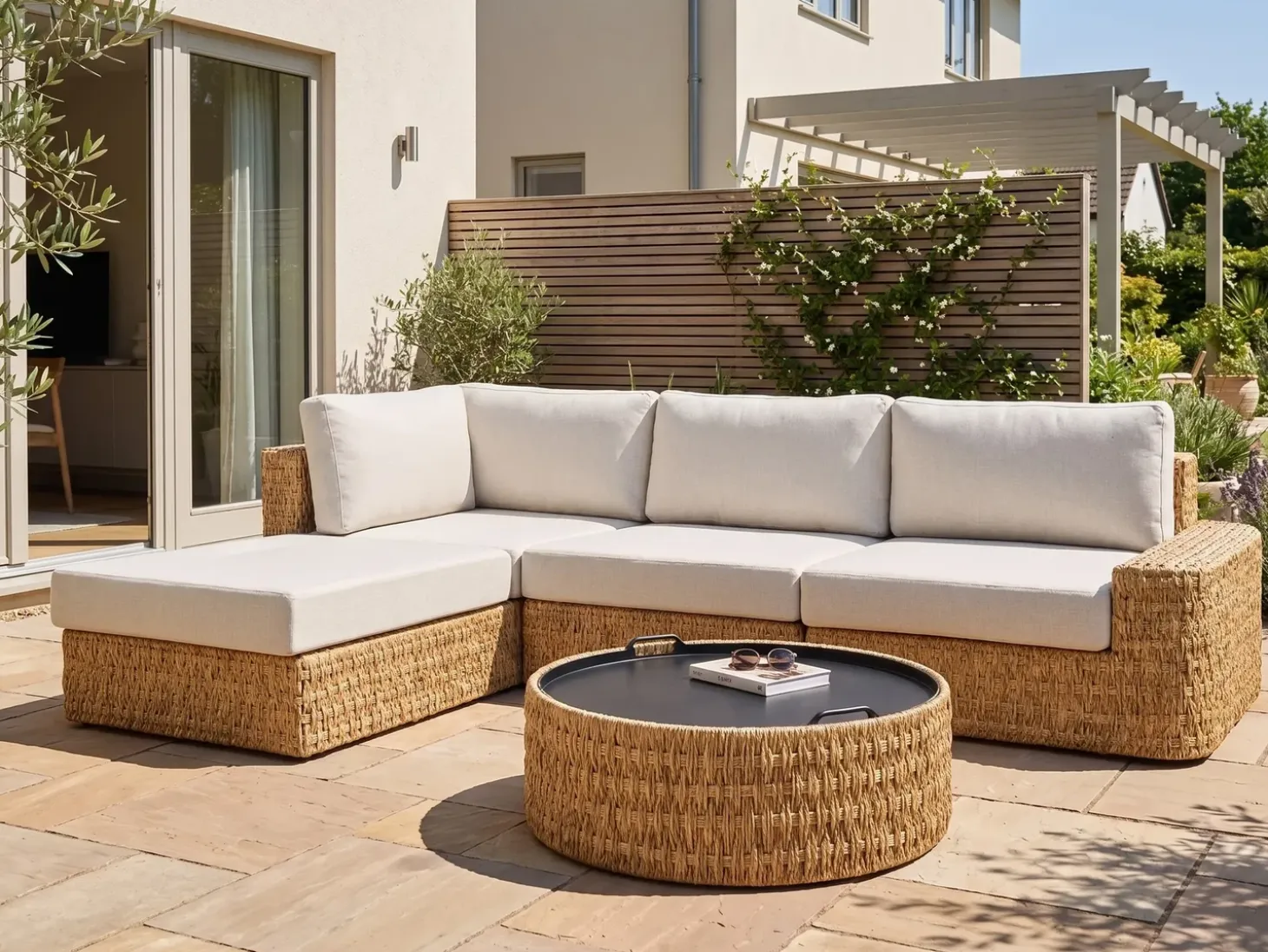 OLIVERI 4 personers Have-hjørnesofasæt Højrevendt Beige PE-rattan
