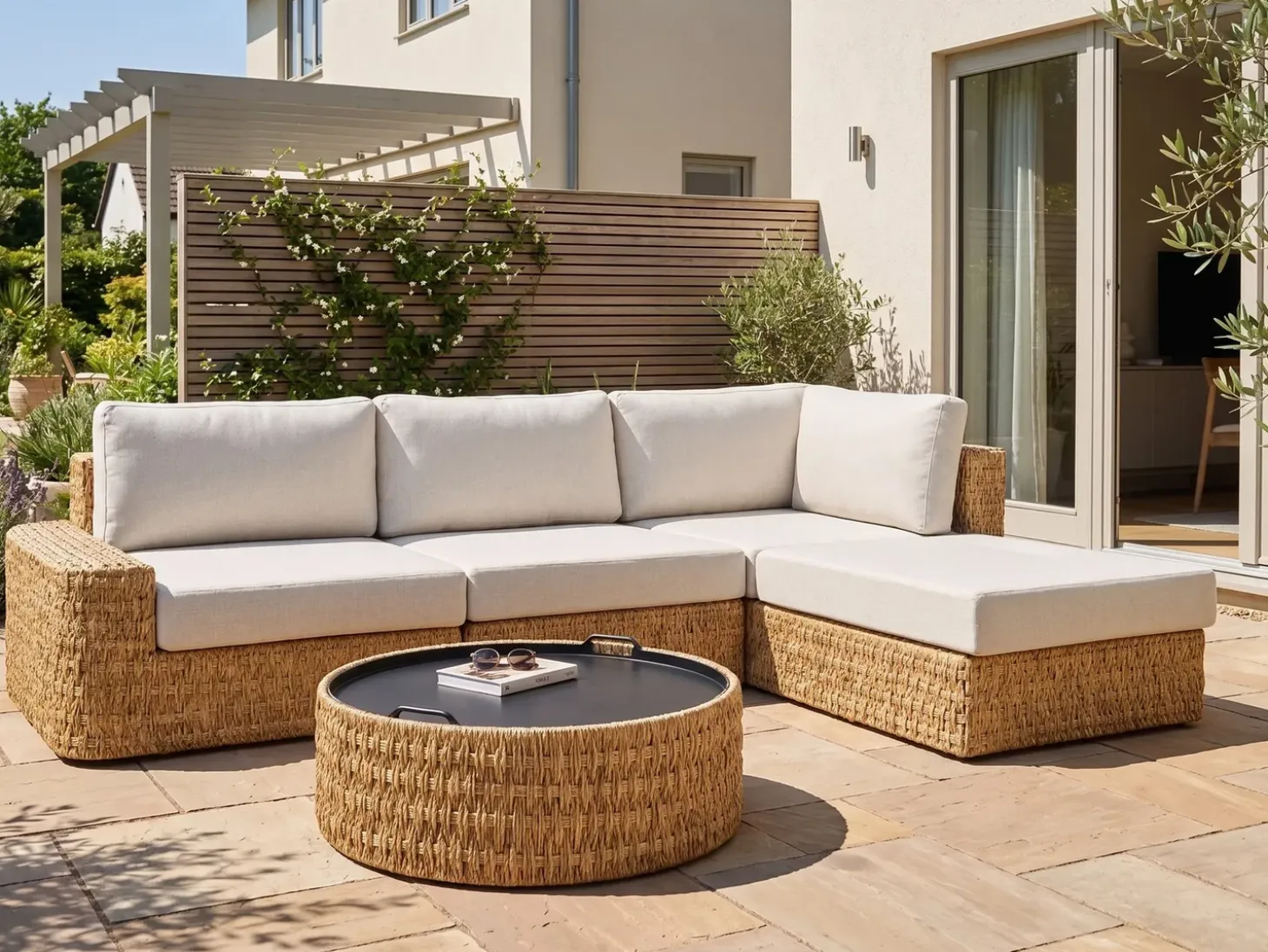 OLIVERI 4 personers Have-hjørnesofasæt Venstrevendt Beige PE-rattan