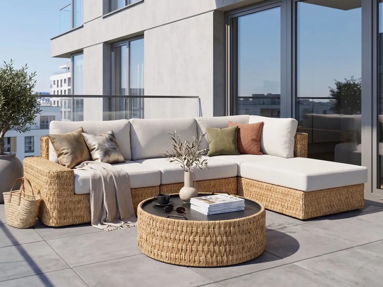 OLIVERI 4 personers Have-hjørnesofasæt Venstrevendt Beige PE-rattan
